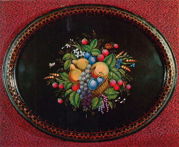 Открытка из комплекта «Искусство жостовских мастеров». А.Е.Вишняков. Корзина с фруктами и ягодами