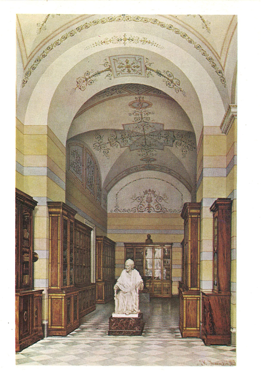Новый Эрмитаж. Библиотека Вольтера со статуей Вольтера работы Гудона. 1859